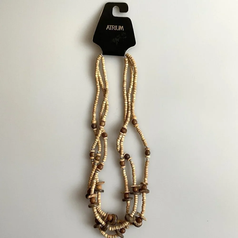 BOHO WOOD BEAD TRIPPLE STRAND NECKLACE